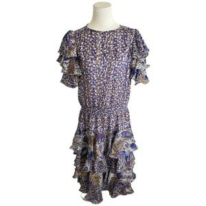 MICRO MOSAIC Vintage Geometric Print Midi Dress Ruffle Sleeves Skirt size L 80’s